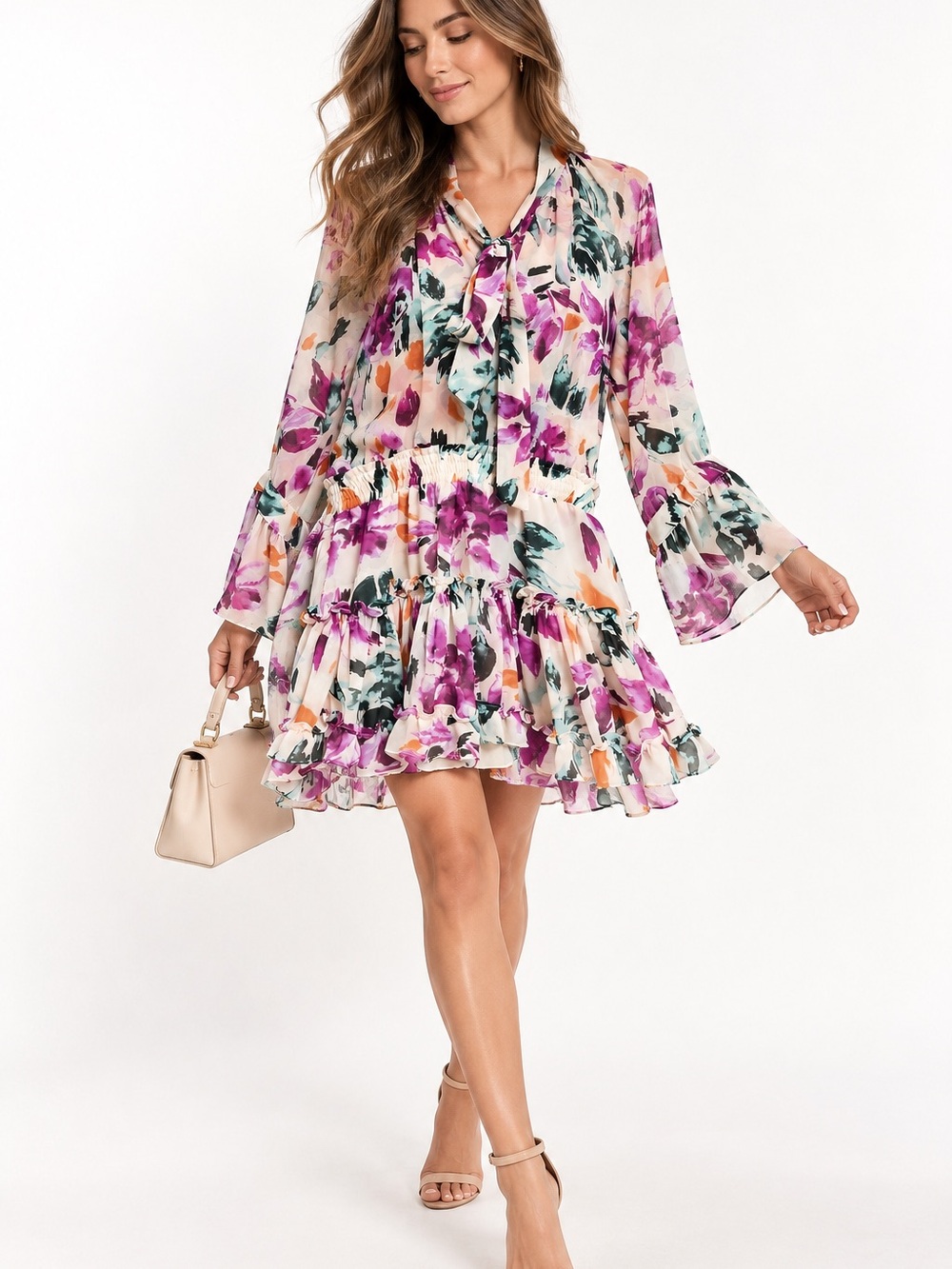 Misa Los Angeles Floral Tie-Neck Ruffle Mini Dress in Cream, Pink and Green